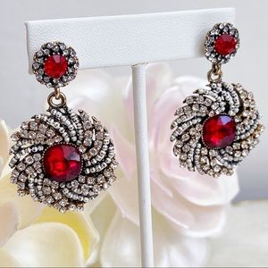 Gold Tone Red Gem CZ Swirl Statement Earrings NEW